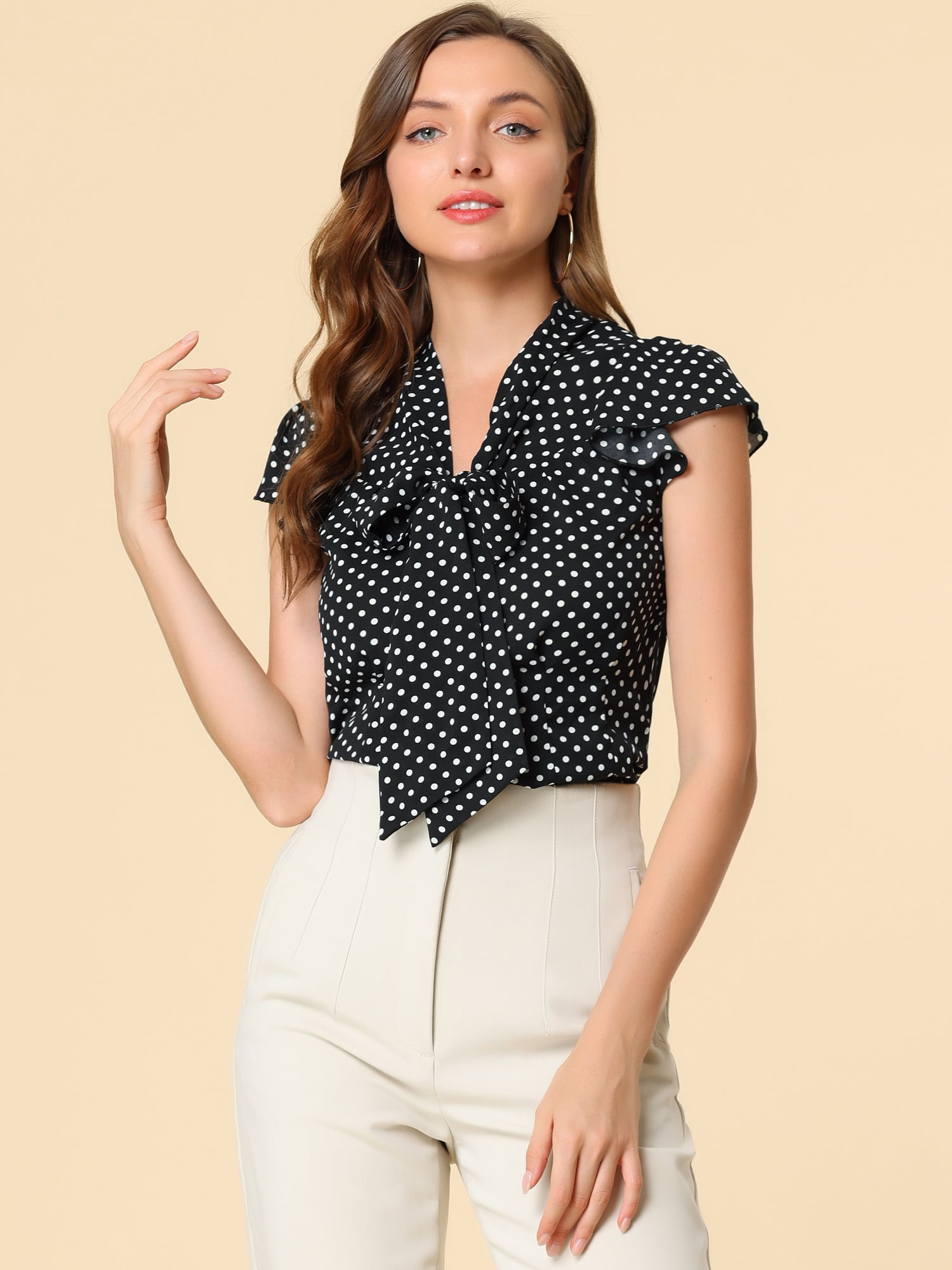 DARING DIVA Polka Dots Ruffled Sleeve Tie Neck Blouse XL Black