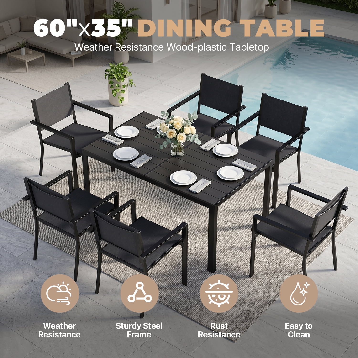 BaPiPro 7-Piece Patio Dining Set, Textilene Outdoor Table and Chairs Set for 6, Weather-Resistant Furniture for Garden, Deck, Backyard, Gray