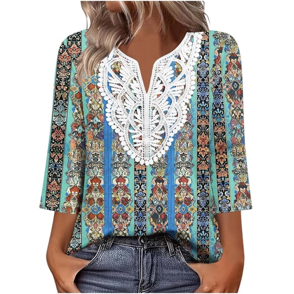 Eres Más Que una Camisa de Puntuación de Prueba para Mujer 3/4 Manga V Cuello Encaje Blusa Casual Boho Top