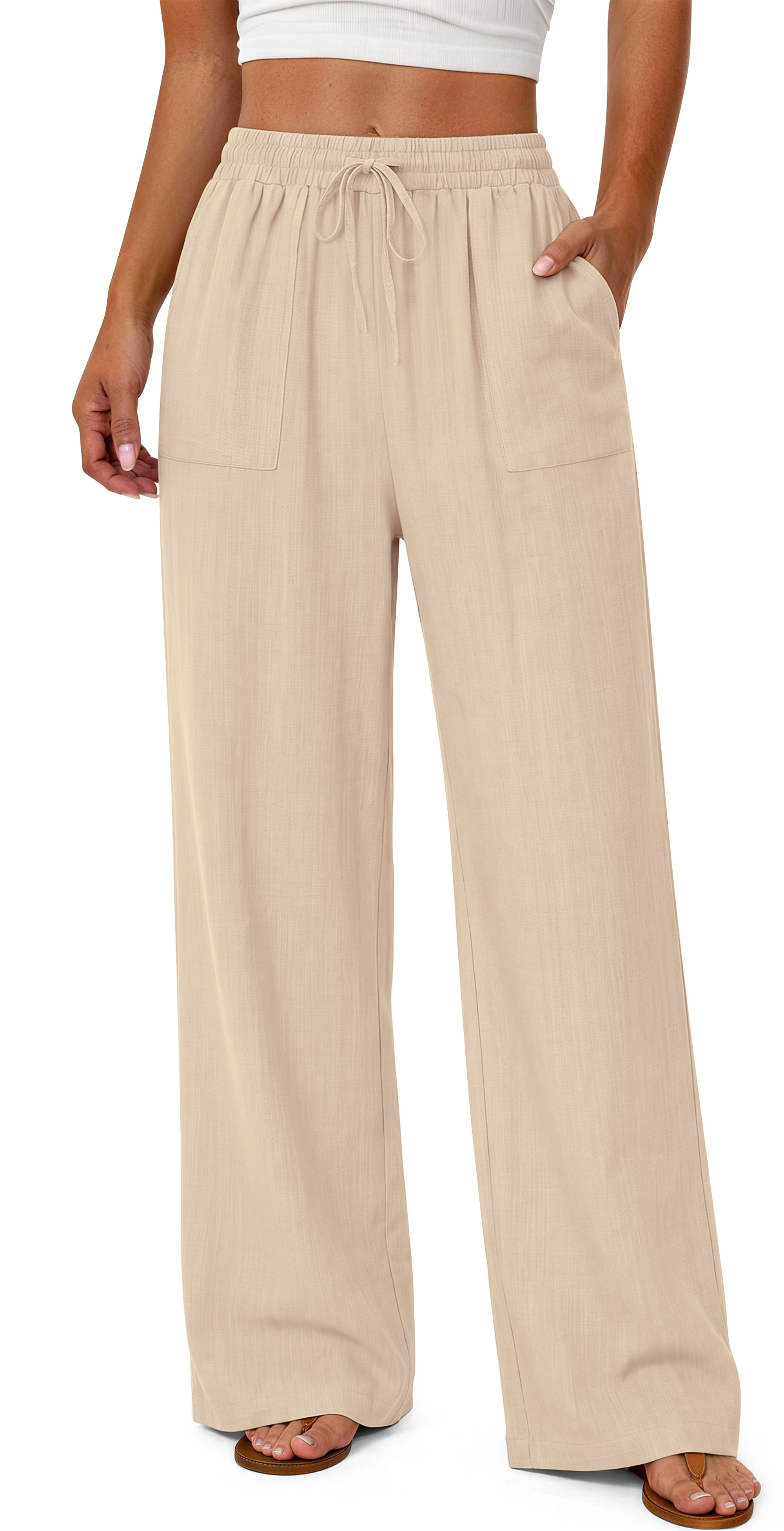 Fantaslook Linen Wide Leg Pants for Women Flowy Palazzo Drawstring Elastic Waist Trousers with Pockets Summer Beach Vacation Clothes