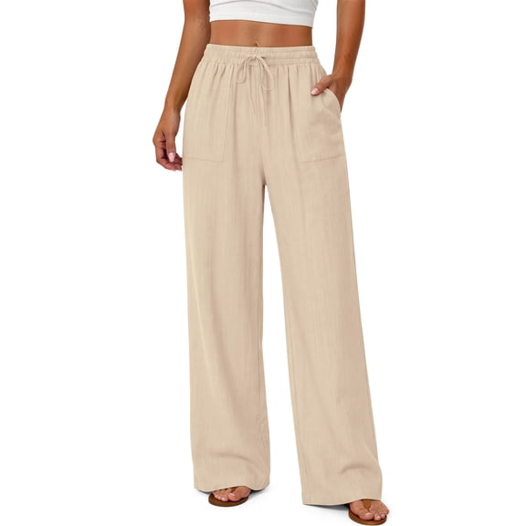 Fantaslook Linen Wide Leg Pants for Women Flowy Palazzo Drawstring Elastic Waist Trousers with Pockets Summer Beach Vacation Clothes