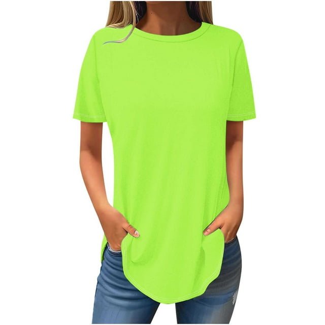 AherBiu Oversized Tops for Women Short Sleeve Basic Top Tees Shirts Crewenck Solid Color Comfy T-Shirts