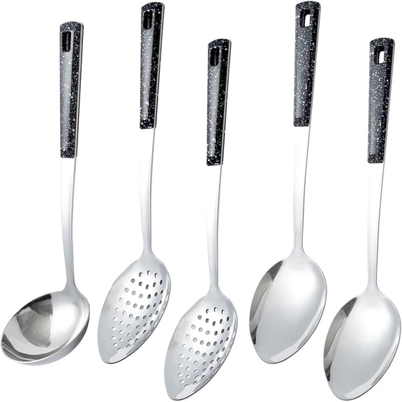 5-Piece Stainless Steel Serving Spoon Set, Large Serving Spoons with Ladle & Slotted Spoon, Metal Serving Spoons for Cooking, Buffet, Soup, Rice, Commercial & Home Kitchen