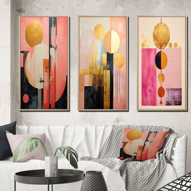Designart "Serendipitous Circular Geometric Serenity VI" Modern Geometric Framed Wall Art Set Of 3 - Gold Abstract Frame Canvas Set For Living Room Decor