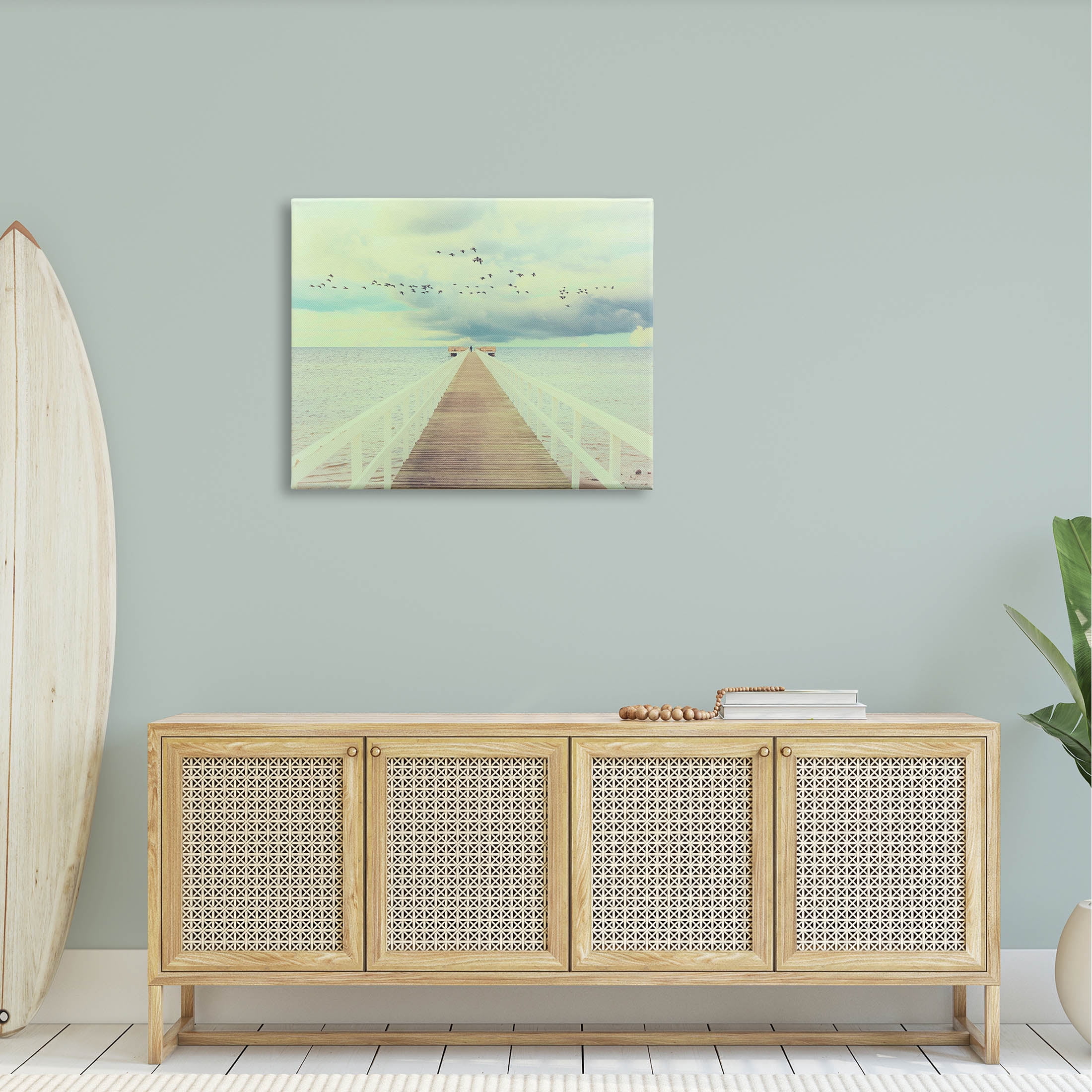 Distant Dock Peaceful Coast Shore Coastal Photograph Gallery Wrapped Canvas Print Wall Art