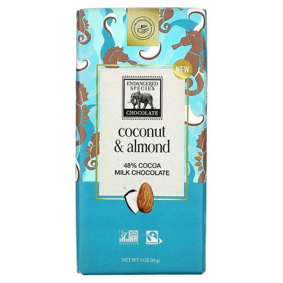 Endangered Species Chocolate, Milk Chocolate Bar, Coconut & Almond, 48% Cocoa, 3 oz Pack of 2