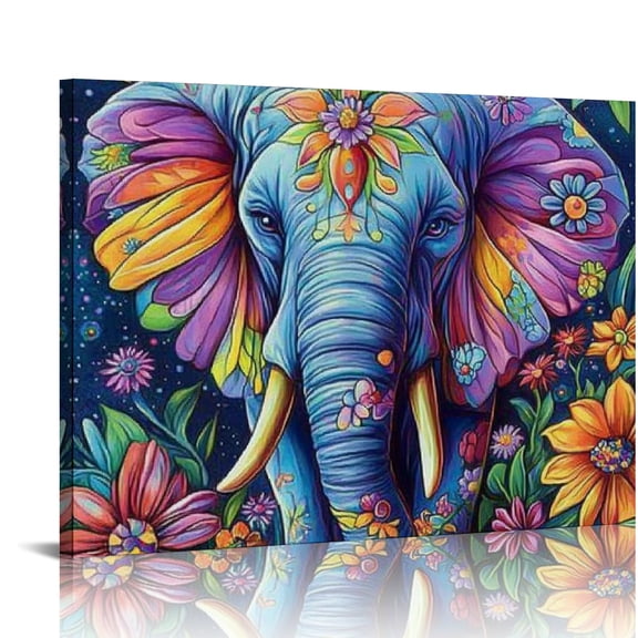 ZFLMY Elephant Flowers Psychedelic Art Wall Decor Canvas Prints Ready To Hang Room Home Art Decor 16x12in