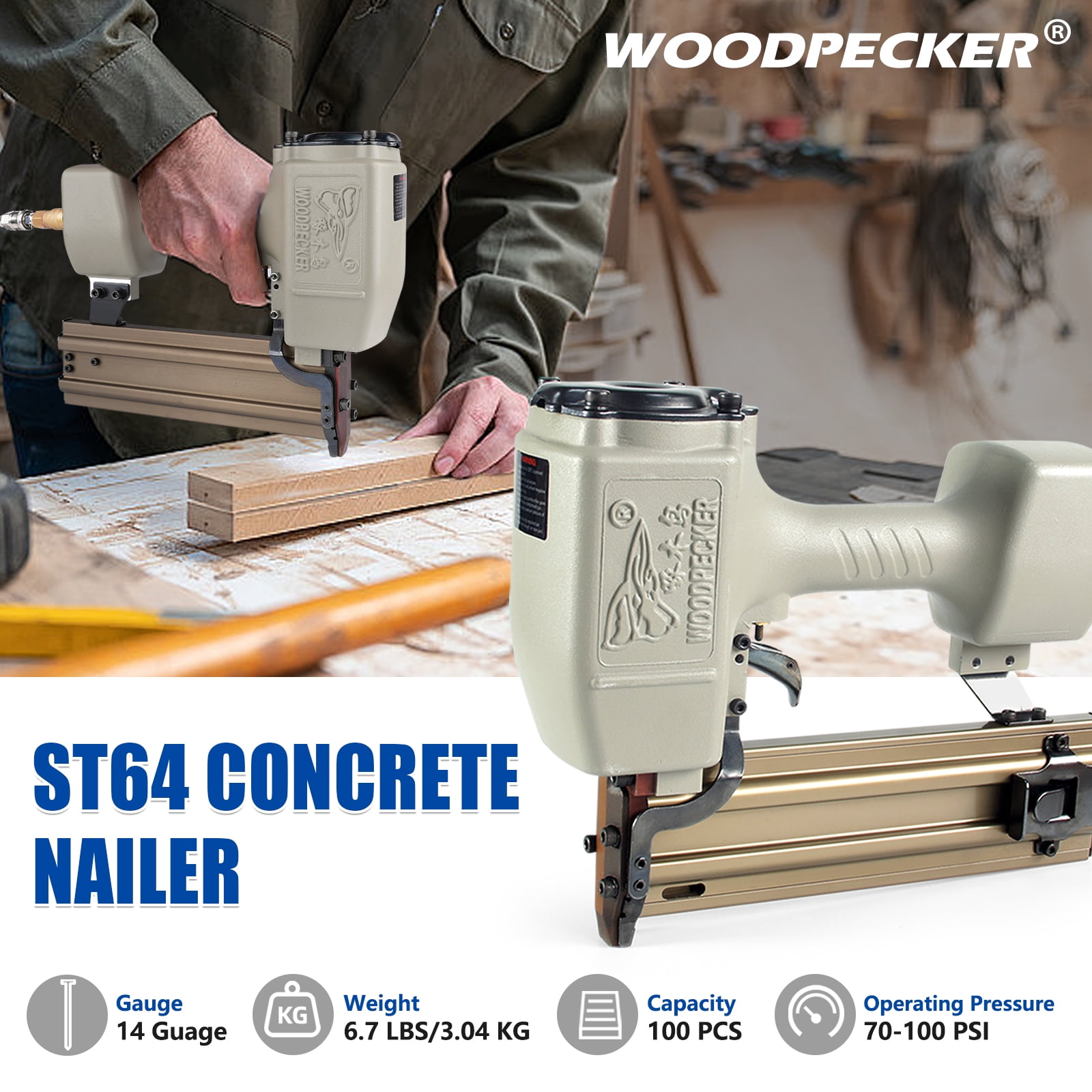 WOODPECKER ST64 Pneumatic Concrete T Nailer, 14 Gauge 3/4" to 1-1/2" Heavy Duty Air Concrete Nail Gun for hardwood nailing, Masonry, Cement, Concrete Brick Nailing