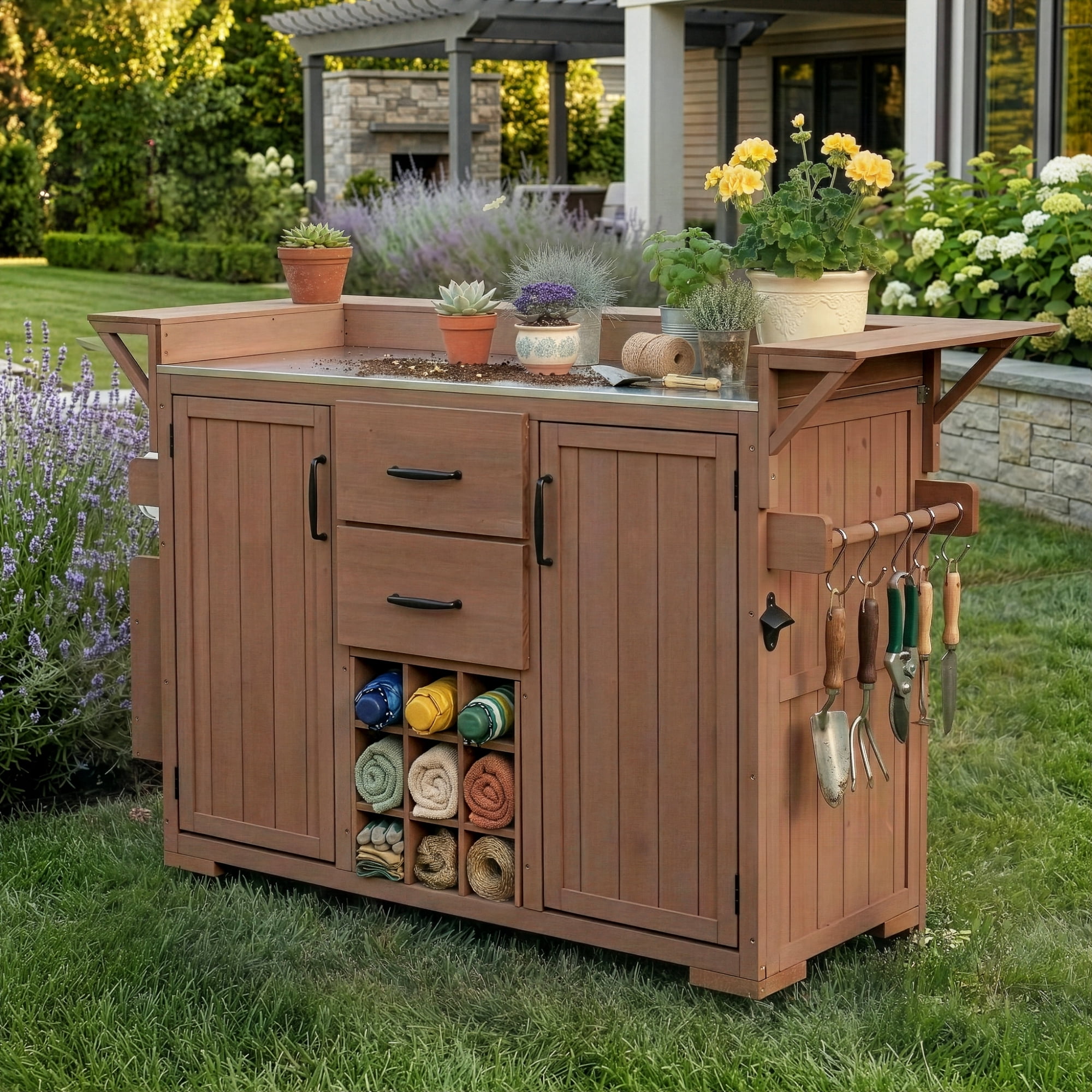 Modern 60.2" Outdoor Kitchen Island with Wheels, Rolling Kitchen Island with Stainless Steel Top & Wine Rack, Patio BBQ Kitchen Cart with Spice Rack & 2 Drawers, Brown