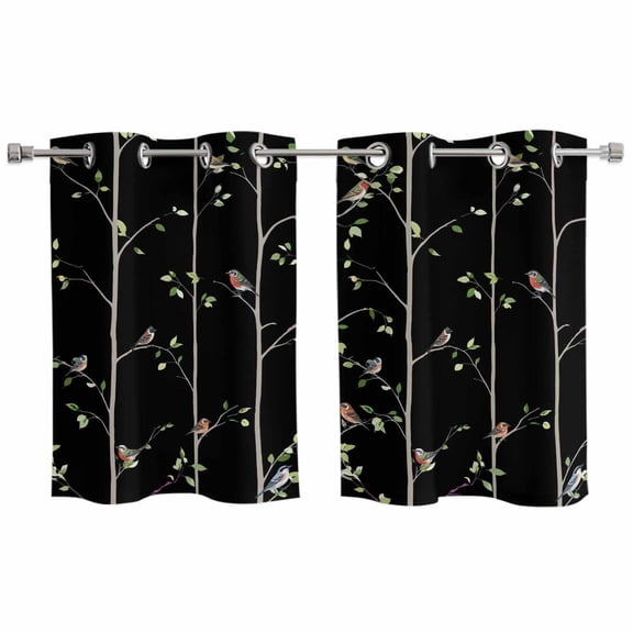2 Panels Kitchen Tier Curtains 39 Inch Length, Sparrow Grommets Window Treatment Curtain, Spring Birds on The Branches Vintage Country Black Thermal Curtains Drapes for Living Room/Bathroom
