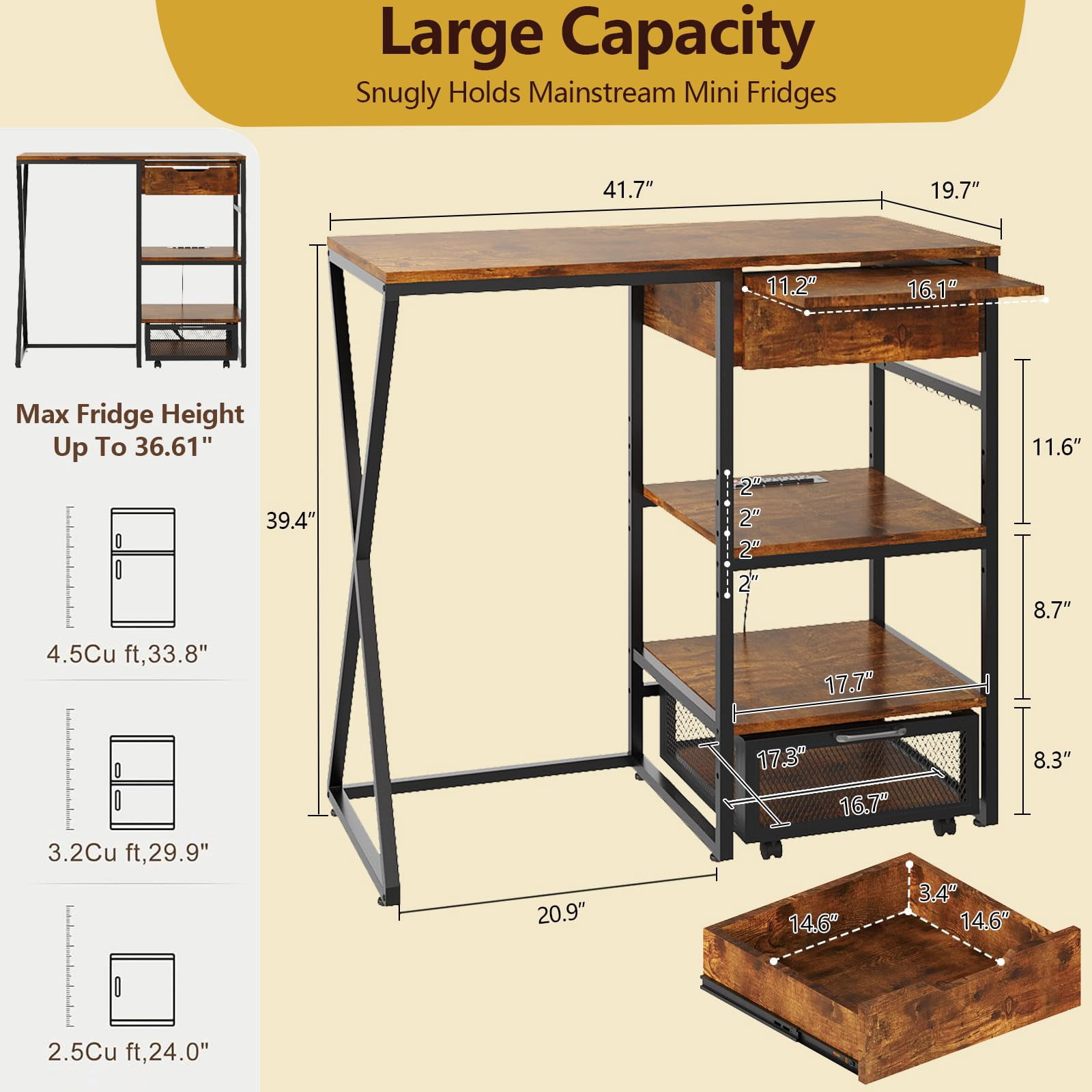 41.7" Mini Fridge Stand with Storage Shelf, 3-Tier Microwave & Coffee Bar Organizer with Basket and Pull-Out Tray for Dorm or Apartment