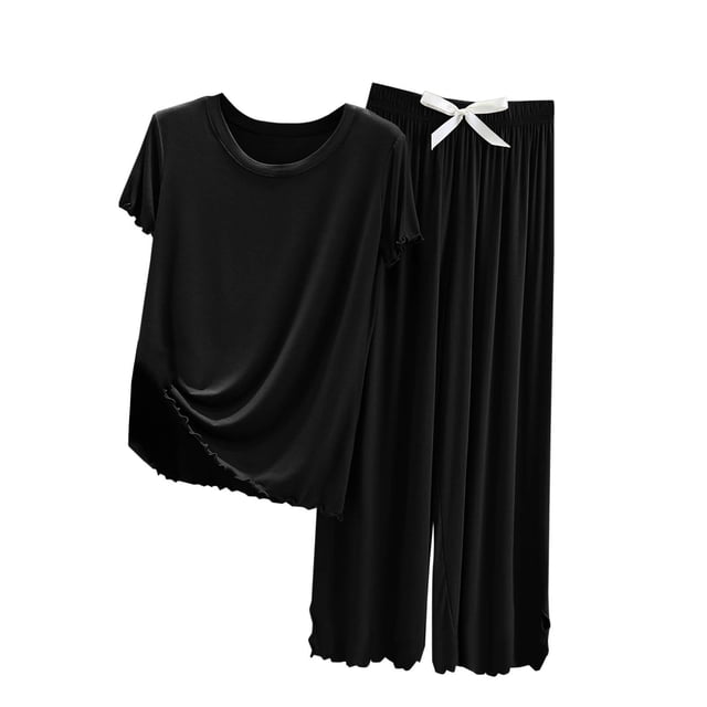 Timegard Ensembles Lounge pour Femmes Pyjamas 2 Pcs T-Shirt à Col Rond Pantalon à Nœud Papillon Tenues d'Été Vêtements d'Intérieur