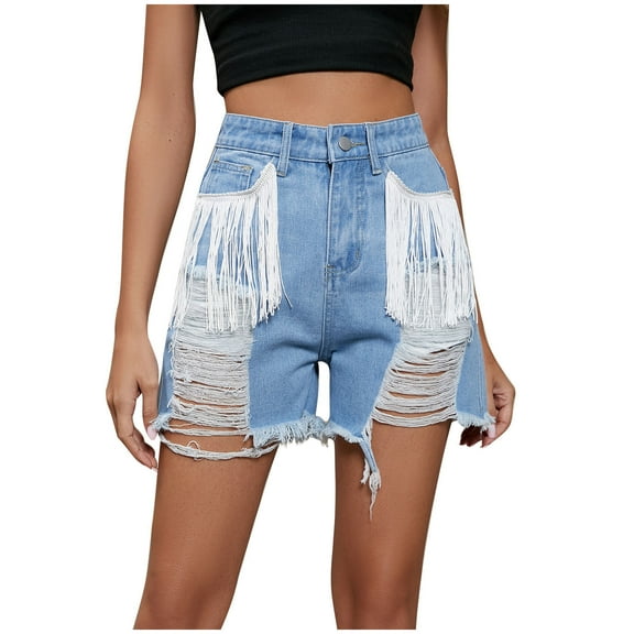 Women's High Waist Ripped Denim Shorts Washed Tassel Frayed Hem Jean Shorts Casual Distressed Trendy Summer Shorts