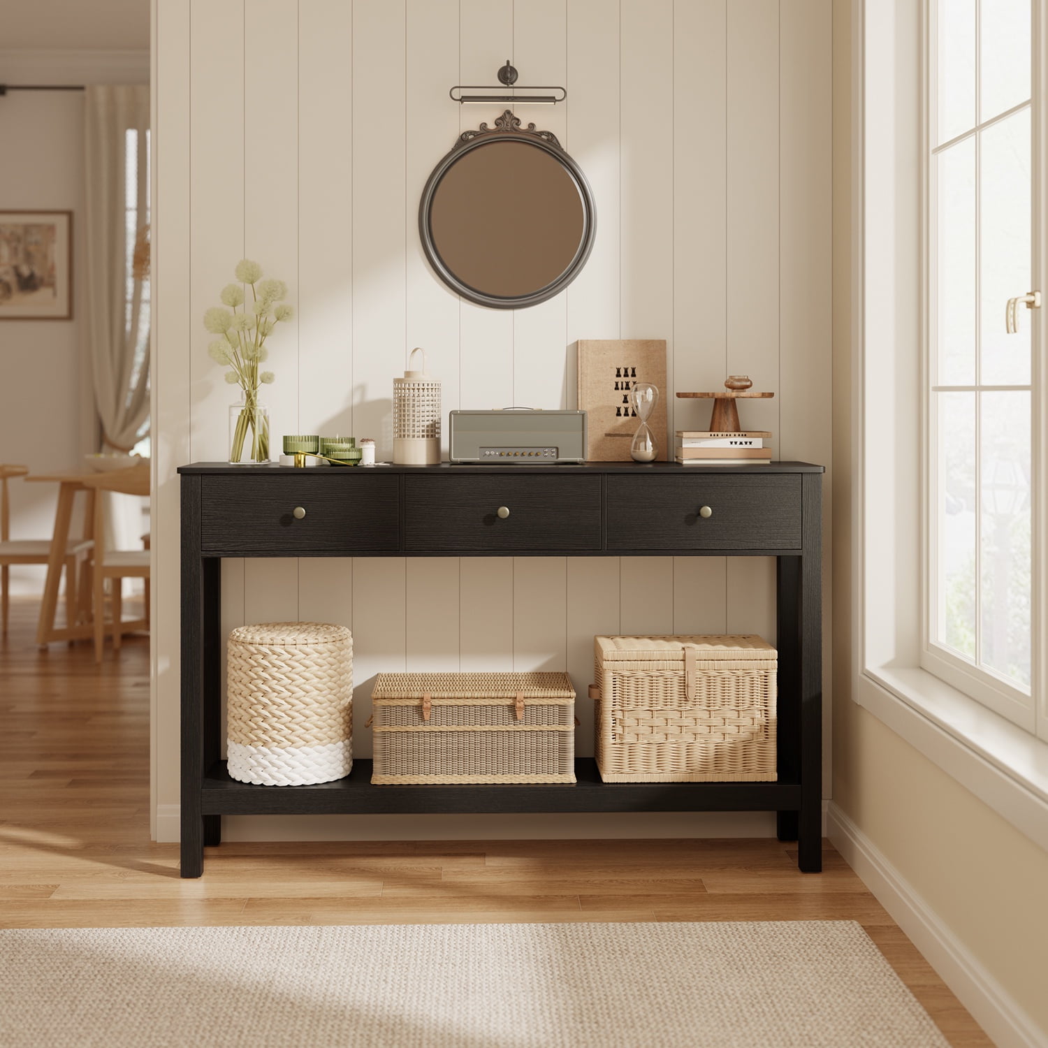 Asofer 3 Drawer Wooden Sofa Table, Modern Accent Console Table with Metal Round Handles for Entrance Hall, Black