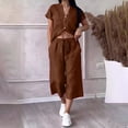 thumbnail image 2 of Women’s 2 Piece Outfit Set Button Short Sleeve Shirt and Drawstring Waist Cropped Wide Leg Capri Pants with Pockets, Light Weight for Daily‑Wear, Vacation and Shopping S-5XL Coffee, 2 of 6