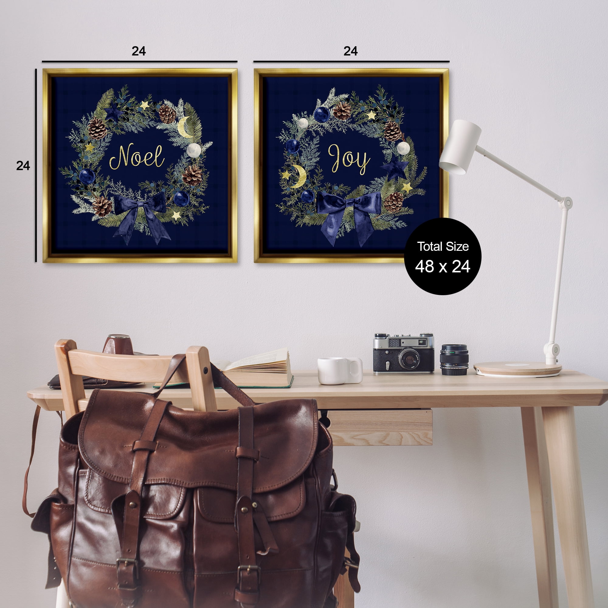Stupell Industries Noel Joy Balsam Wreath Pinecones Holiday Painting Gold Floater Framed Canvas Art Prints Wall Art, 25 x 25, Set of 2
