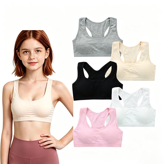 Teen Cotton Sports Bra 5 Pack, Racerback No Wire Training Bra Multipack for Girls Ages 10 to 14