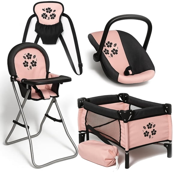 Dolls To Play Baby Doll Nursery Playset, 4-Piece Doll Furniture Set with Bed, Carrier, High Chair, Rocking Seat and Storage Bag, Pink