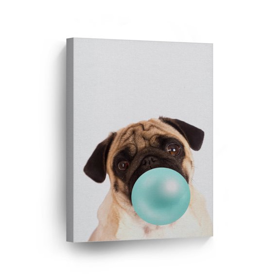 Smile Art Design Cute Puppy Pug Dog Animal Bubble Gum Art Teal Blue CANVAS PRINT Photo Wall Art Home Decoration Pop Art Kids Room Decor Nursery Made in the USA 40x30
