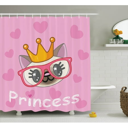 Teen Girls Decor  Smiling Happy Princess Cat Wearing Big Glasses Hearts On The Background, Bathroom Accessories, 69W X 84L Inches Extra Long, By Ambesonne