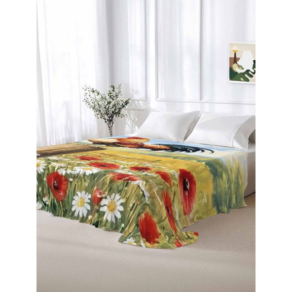 California King Size Flat Sheet Only,Rustic Watercolor Rooster Flower Soft Top Bed Sheets Breathable Bedding Sheet Retro Farm Poppy Daisy Microfiber Hotel Luxury Top Sheets