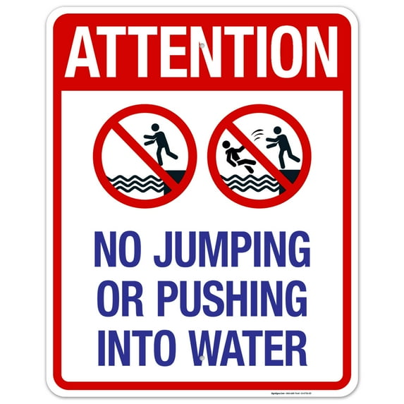 Attention No Jumping Or Pushing Into Water Sign, Pool Sign,