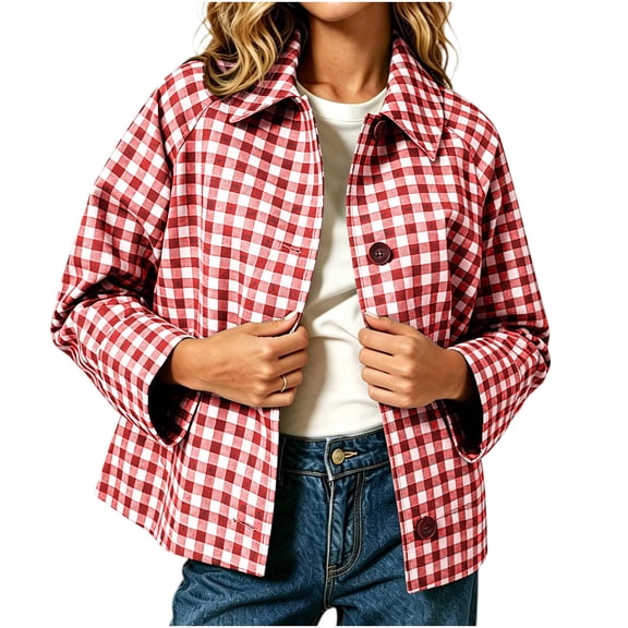 Women's Gingham Jacket Lightweight Long Sleeve Button Down Cropped Trench Coat Fall Winter Women's Plaid Shacket