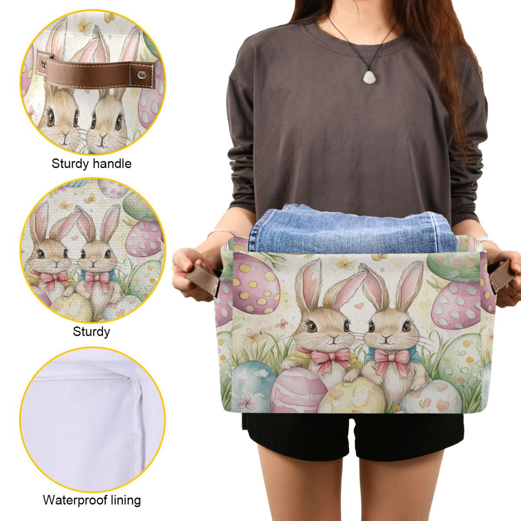 Storage Bins with Handle Fabric Organizer Basket Foldable Box 1 Pack Cute Bunnies and Easter Eggs 14.2x10.2x8.3