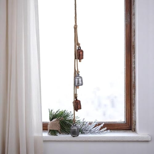 Hanging Christmas Bells 36" – 4 Rustic Cow Bell Garland on Jute Rope – Christmas Tree Ornaments, Wreath Decoration, Witch Bells, Jingle Bell, Farmhouse Decor, Indoor Outdoor (Silver-Copper)