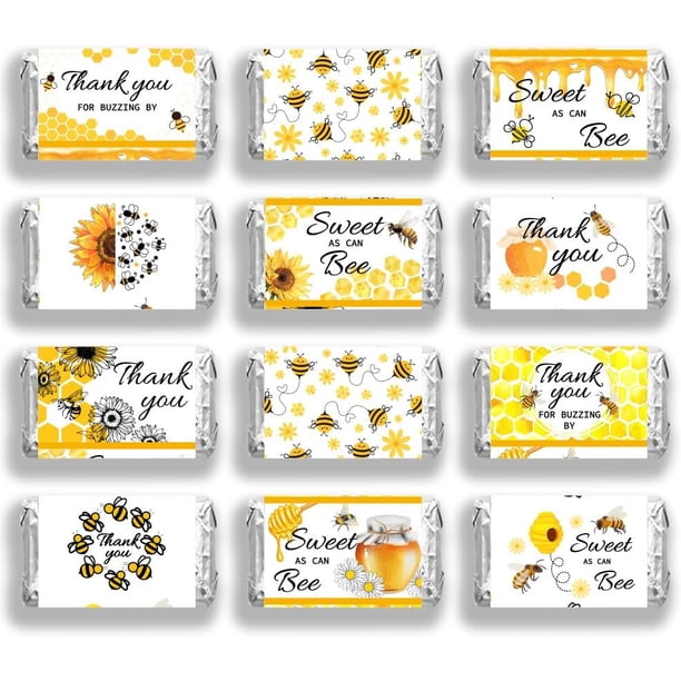 120 envoltorios para mini barras de caramelo, 3,5 x 6,6 cm (1,4 x 2,6 pulgadas), 6 estilos, etiquetas adhesivas con diseño de abeja amarilla, miel y chocolate.