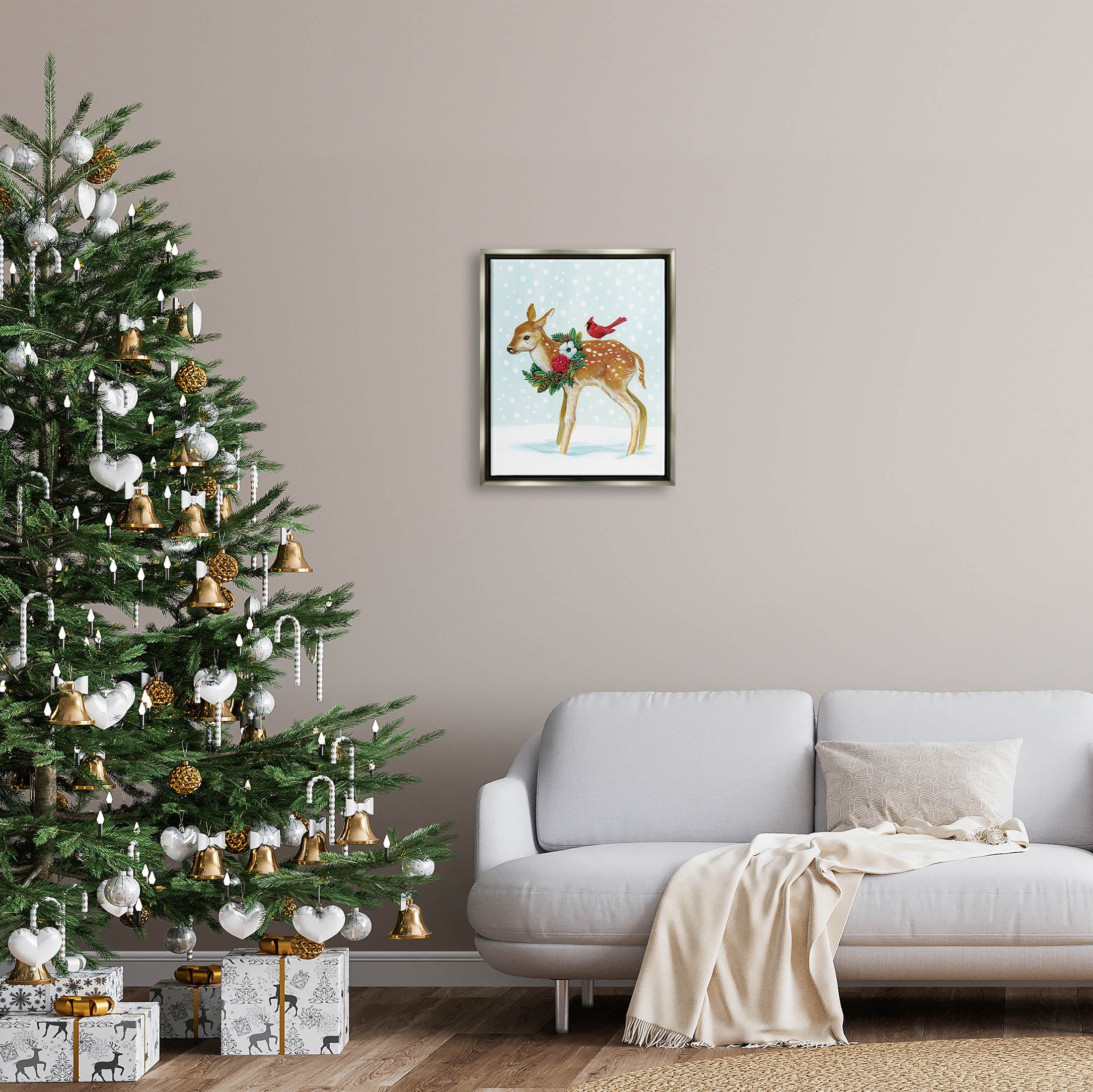 Stupell Industries Snowy Deer Holiday Cardinal Graphic Art Luster Gray Floating Framed Canvas Print Wall Art, Design by Laura Marr