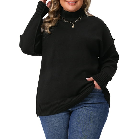 Suéter de mujer de talla grande Agnes Orinda, suéter holgado de cuello alto, de manga larga, casual, pulóver de punto, talla 2X, negro