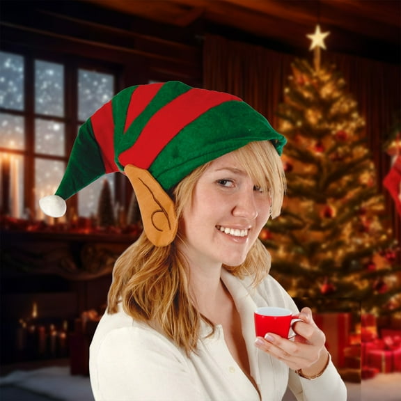 Beistle Club Pack of 12 Red and Green Striped Felt Elf Hat with Ears - Adult Sized