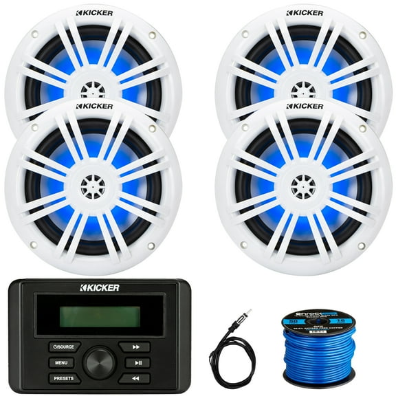 Kicker KMC3 Weather-Resistant Gauge-Style USB AM/FM Bluetooth Digital Media Receiver, 4x 6.5" 150 Watts Max Power RGB LED Marine Coaxial Speakers, 22" Radio Antenna, 50 Feet 16 Gauge Speaker Wire
