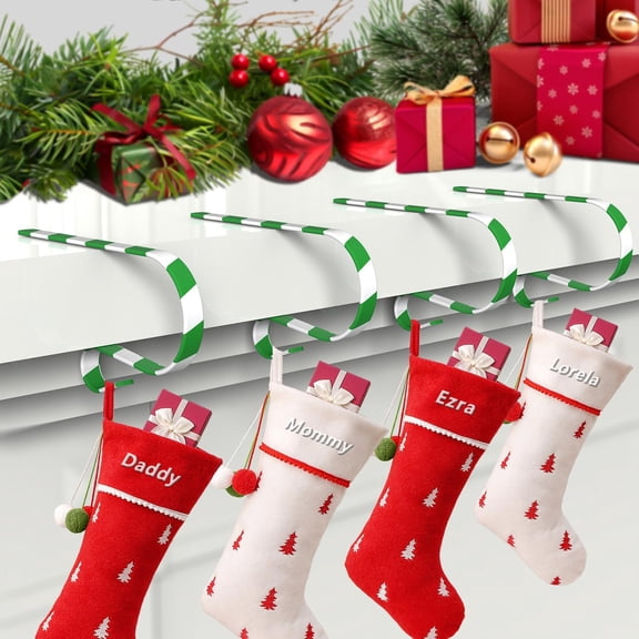 4Pcs Christmas Stocking Holders for Mantle, Lightweight Metal Stocking Hangers Adjustable Candy Cane Stocking Hooks Non-Skid Stocking Holders for Fireplace Christmas Decoration (Green White)