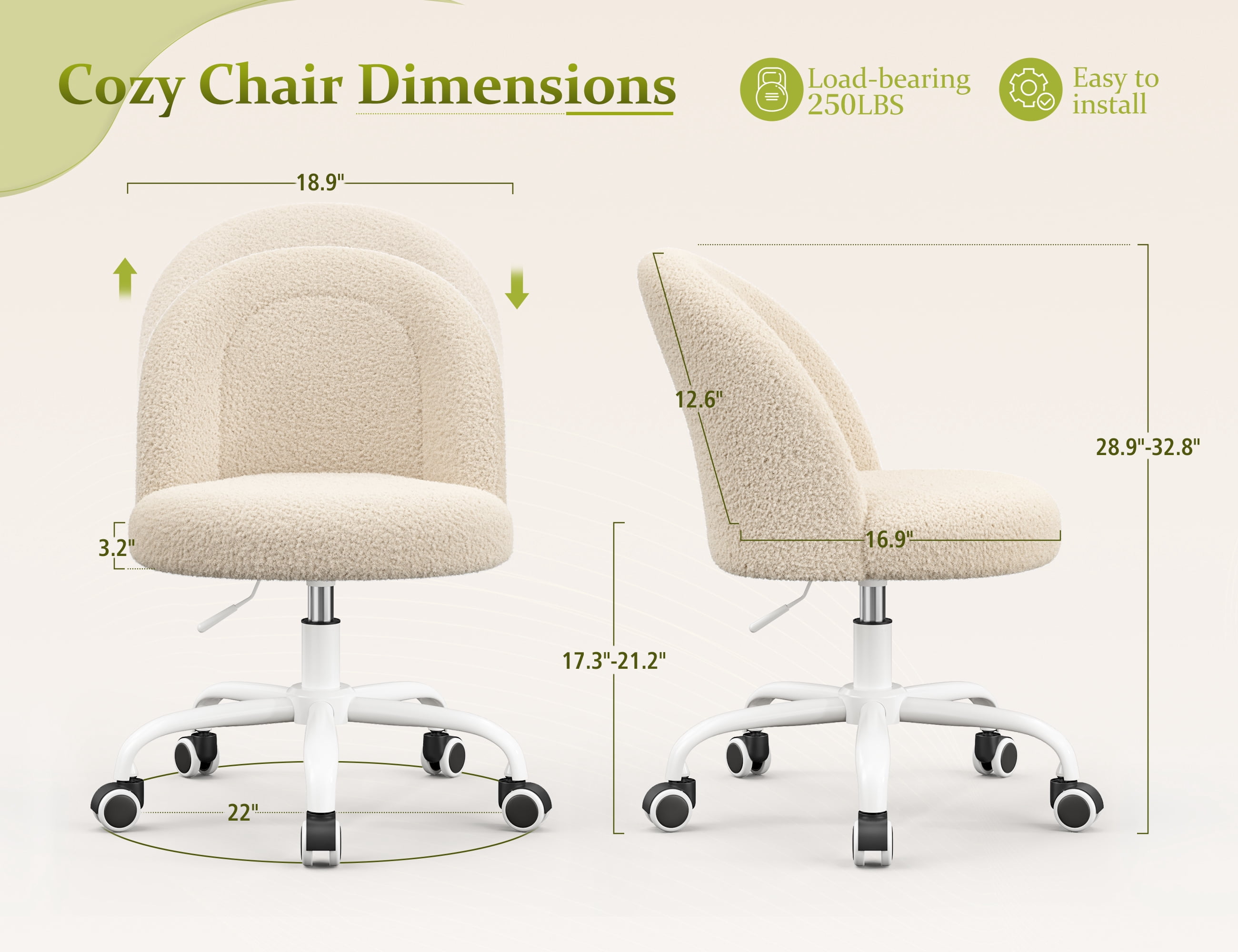 Romorgniz Vanity Chair Height Adjustable Desk Chair with Wheels, Armless Office Chair with Soft Lumbar Support for Small Space, Bedroom, Home office, Cream