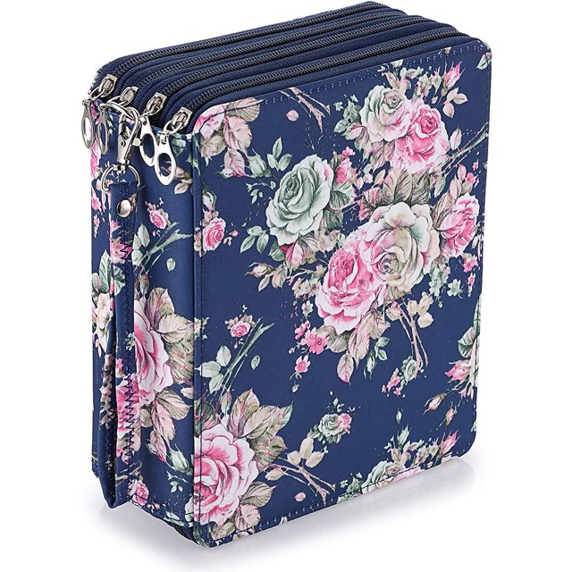 Colored Pencil Case- 160 Slots Pencil Holder Pen Bag Large Capacity Pencil Organizer with Handle Strap Handy Colored Pencil Box with Printing Pattern (Dark Blue Rose)