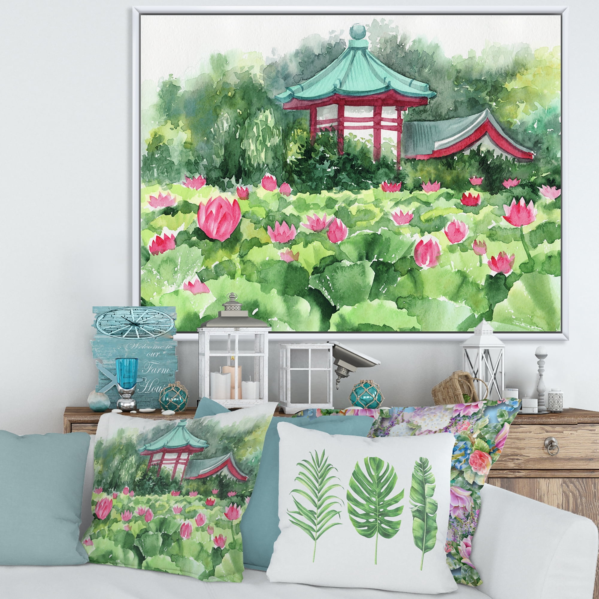 Designart 'Pagoda and Lotus Lake' Traditional Framed Canvas Wall Art Print