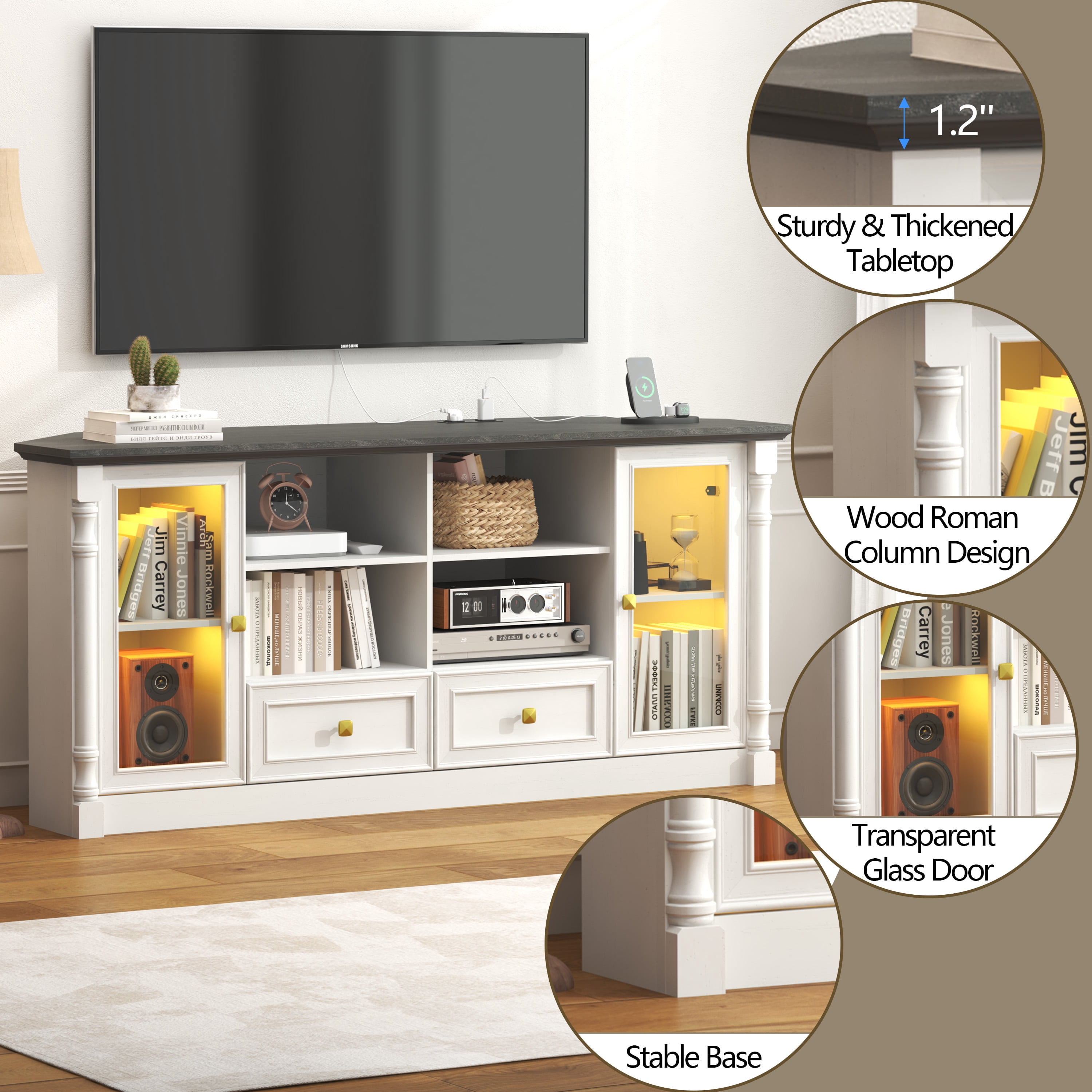 Farmhouse TV Stand for 55 60 65 Inch TVs, Corner Entertainment Center with 2 Storage Drawers and 2 Display Cabinet & Power Outlet and LED Lights, Wood TV Console Table for Living Room, Bedroom, White