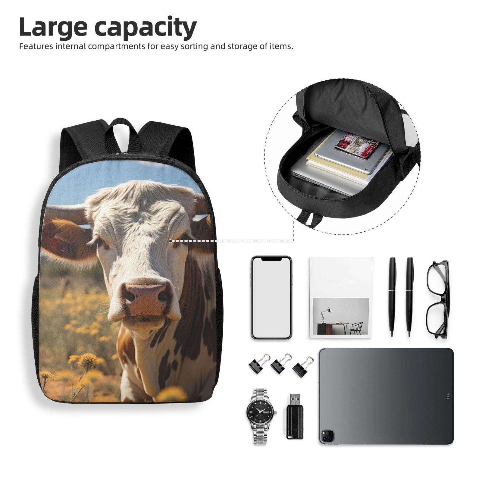 Xecao Countryside Flower Cow print Travel Backpack, Large Computer Backpack for Men Women, College School Rucksack Book Bag