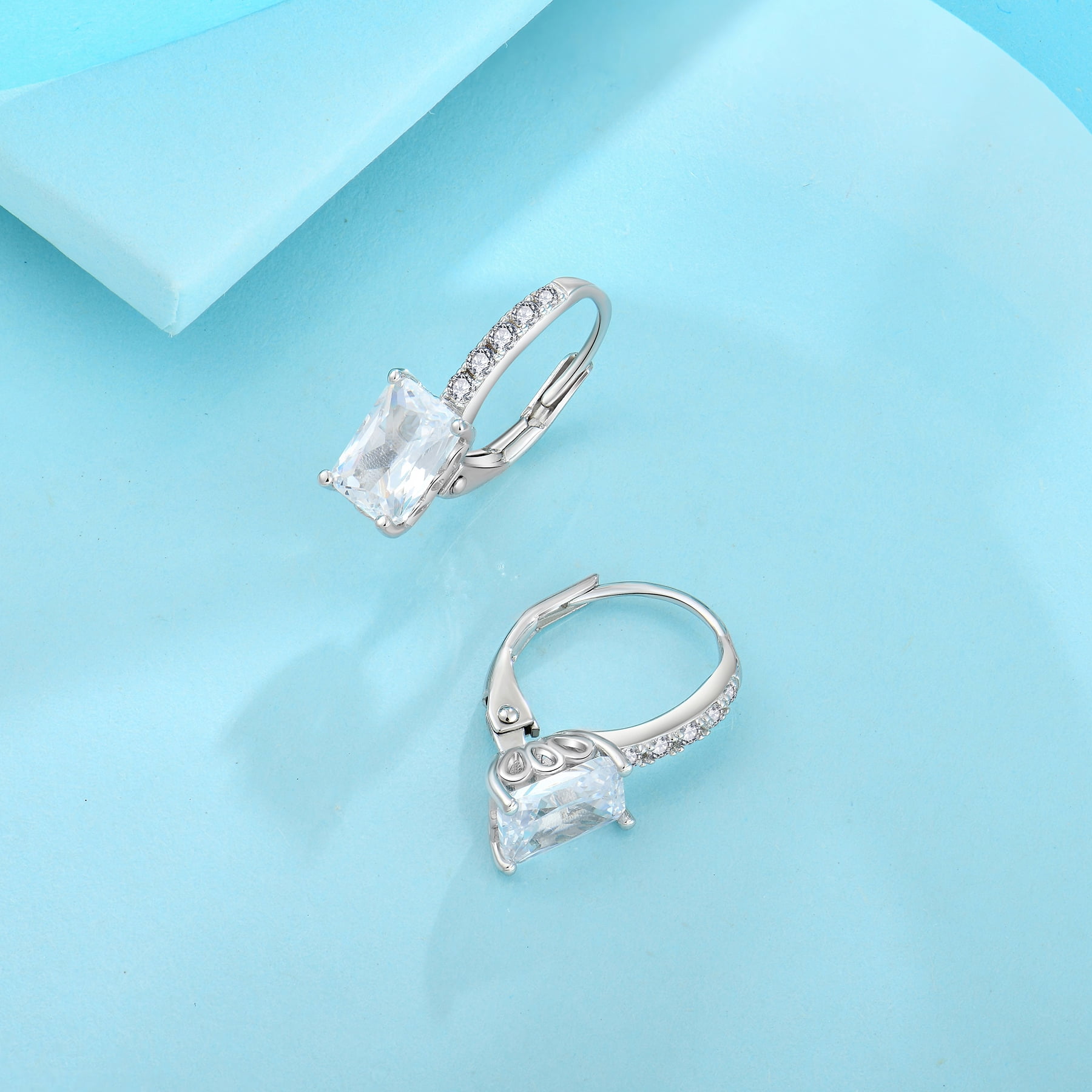 FJ Princess Cut Dangle Drop Earrings 925 Sterling Silver Square Leverback Earrings April Birthstone Cubic Zirconia Jewelry Gifts for Women