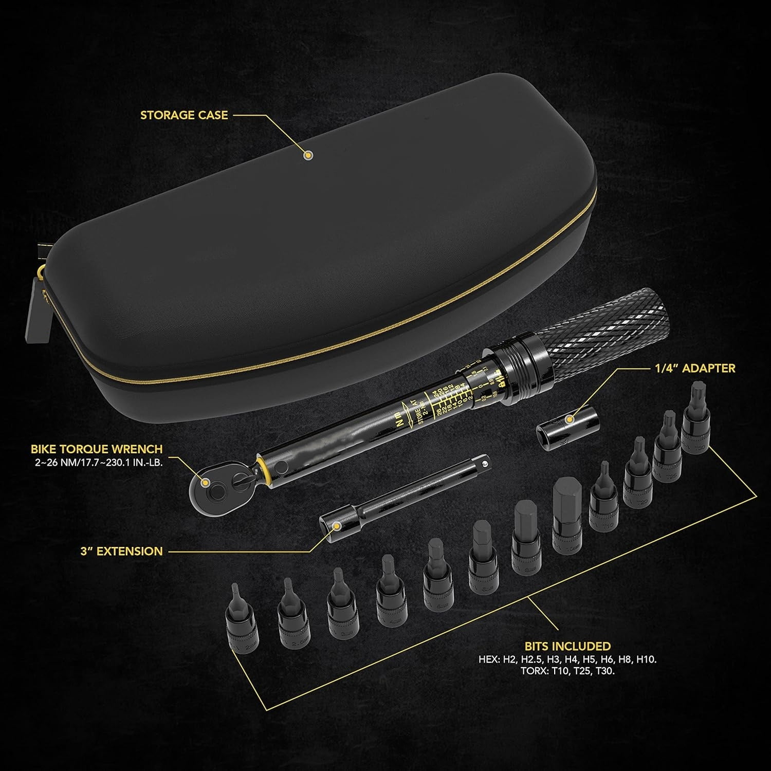Bike Torque Wrench 1/4-Inch Dr. 15-Piece Kit | 72-Tooth Gear, Dual-Direction Click Type 2~26 Nm