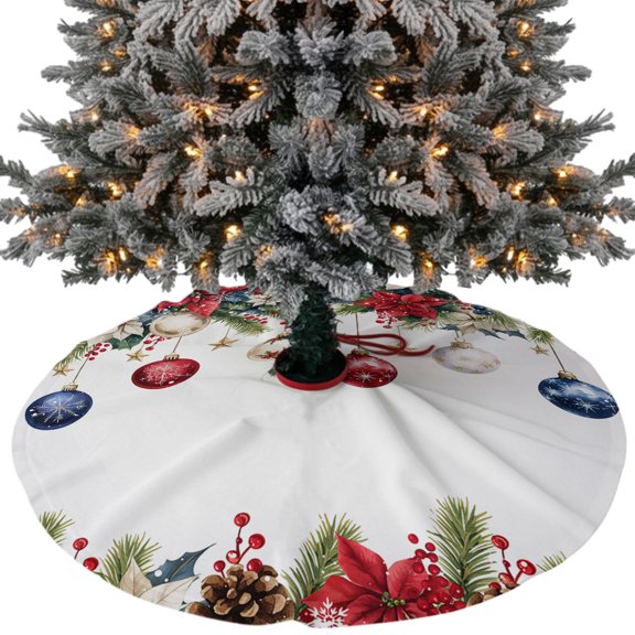 Blue Red Christmas Balls Christmas Tree Skirt 36 Inches, Xmas Botanical Poinsettia Xmas Trees Skirt Mat Cover Decorations for Holiday Party Indoor Outdoor