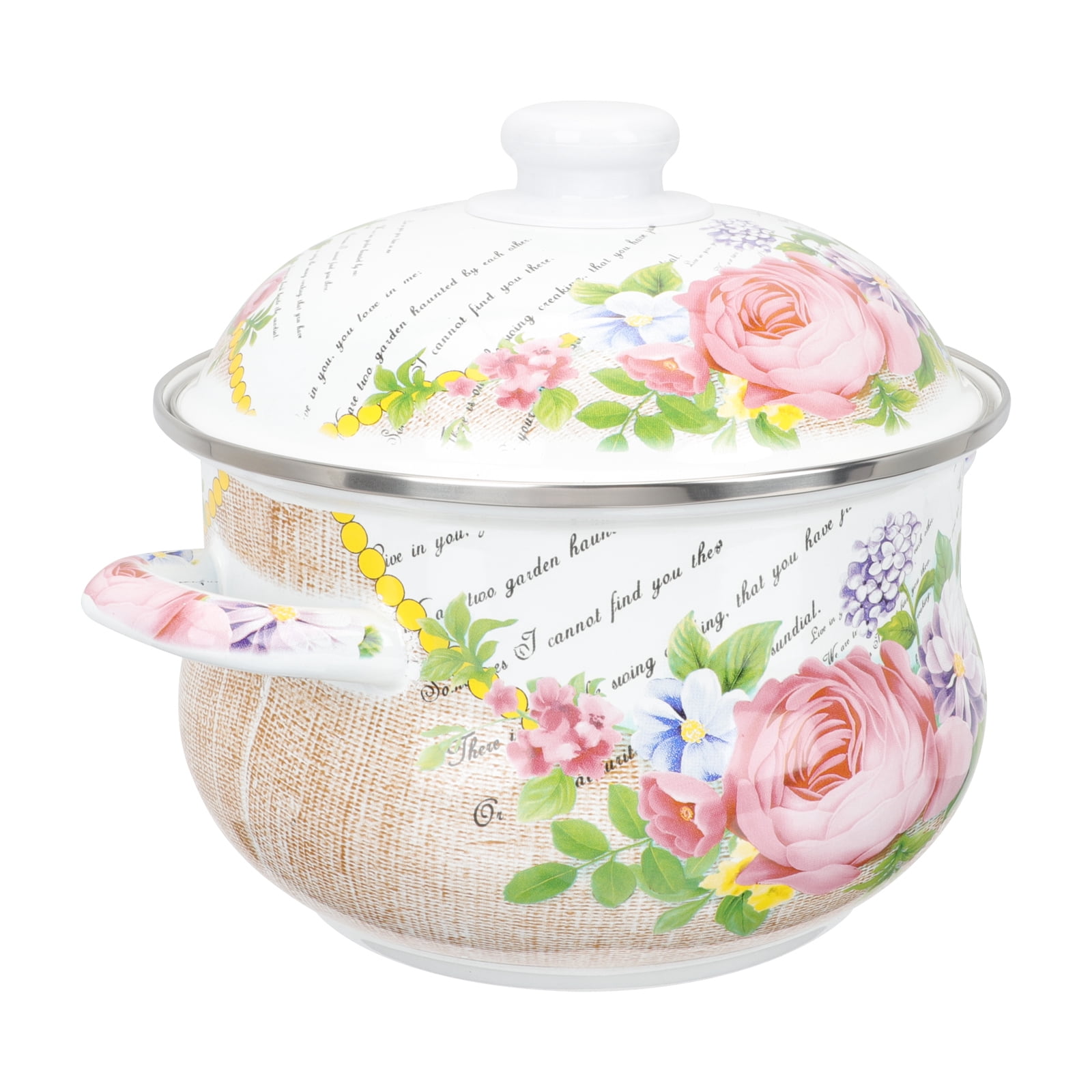 Enamel Stockpot with Lid, 1.8 Quart Retro Cooking Pot, Vintage Floral Stew Bean Simmer Pot with Handle, Kitchen Soup Pot, Safe for Induction Cookers, Gas Stove