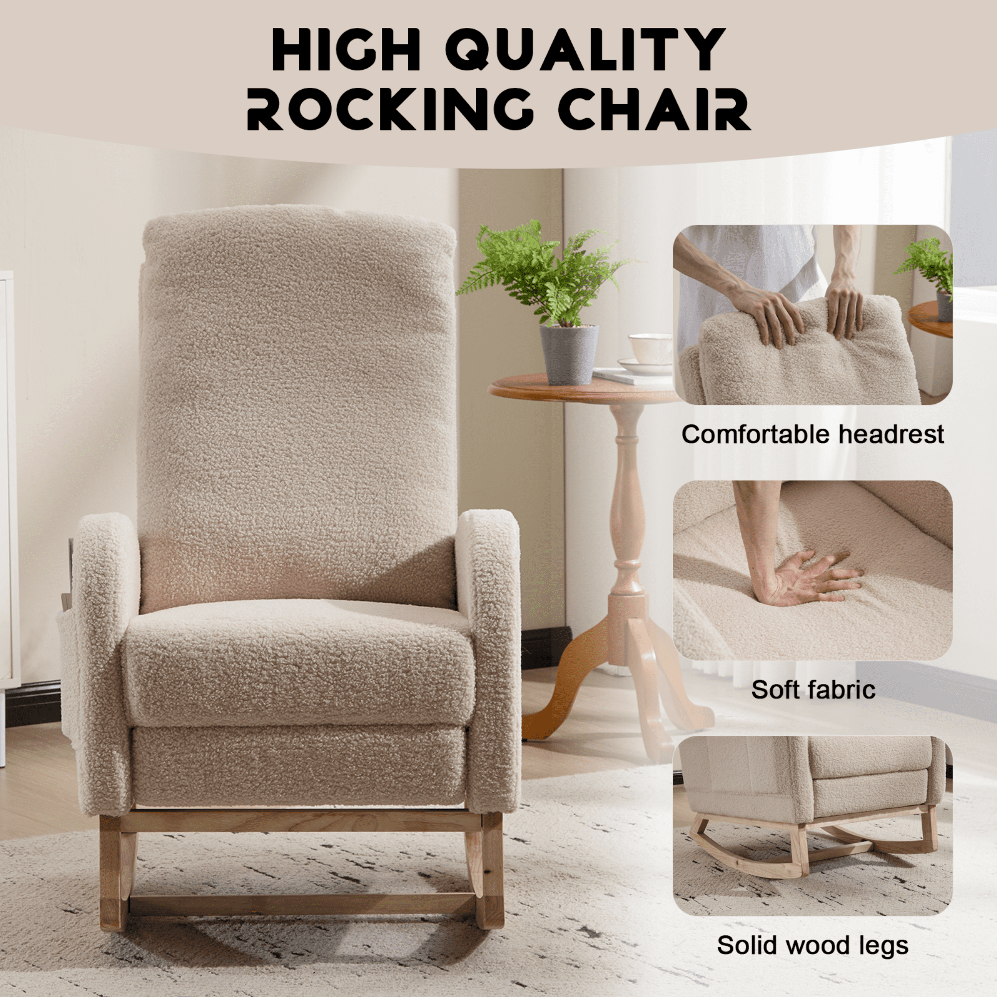 CARZZI LIFE Modern Nursery Rocking Chair, Teddy Upholstered Rocking Chair with Footrest, Comfortable Rocker Recliner with Side Pocket, Rocker Glider for Living Room, Bedroom, Nursing Room (Beige)