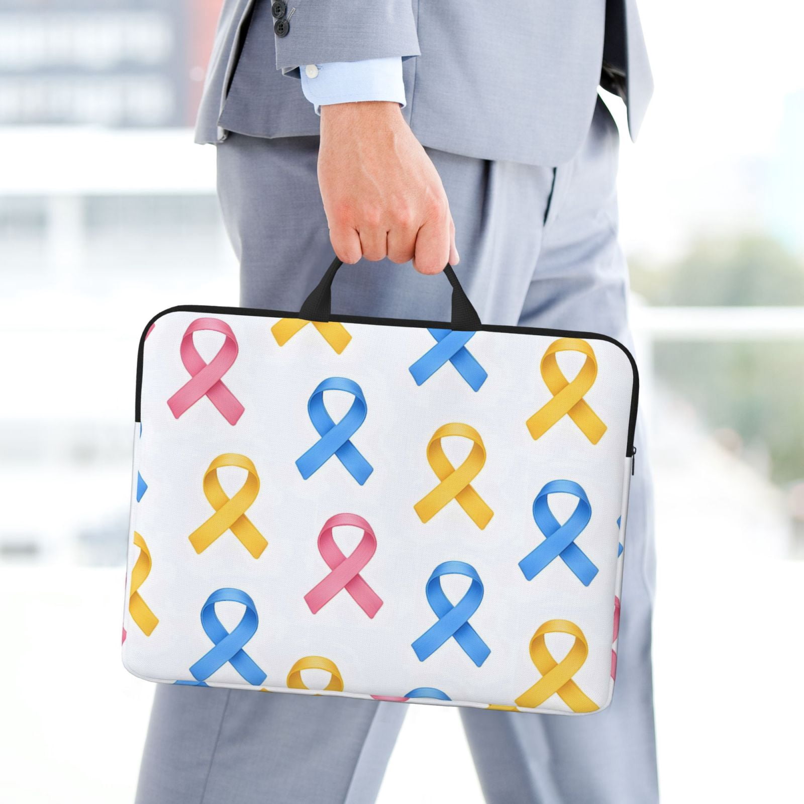Laptop Sleeve Bag For Women Men 14inch Waterproof Durable Protective Computer Carrying Cover Handle Laptop Case Bag Cancer Awareness Ribbon Pattern - Classic Colors
