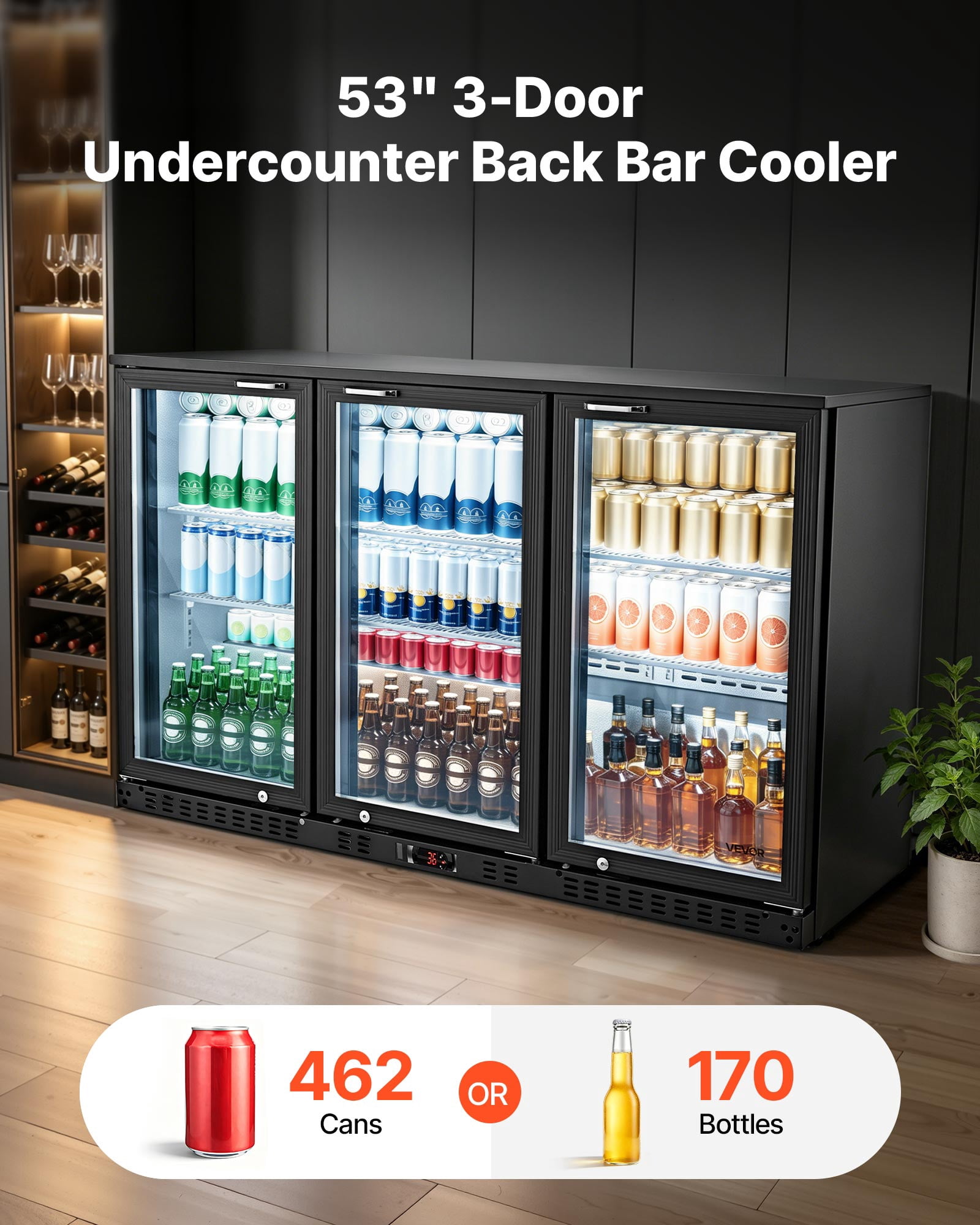 VEVOR Back Bar Cooler, 11.4 Cu.Ft Commercial Beverage Refrigerator with 3 Glass Door, Large Under Counter Fridge w/ LED Lighting, Shelf, Low-E Glass Display Cooler for Store, Lobby, Restaurant, Pub