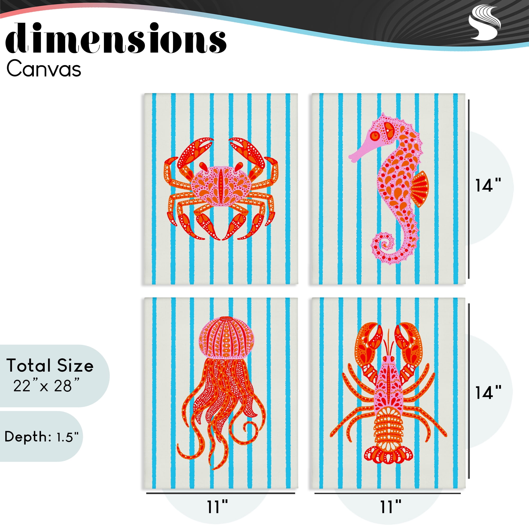 Stupell Industries Bright Sea Creatures on Stripes 4 Piece Canvas Wall Art Set, design by Indira Prieto | IndySign