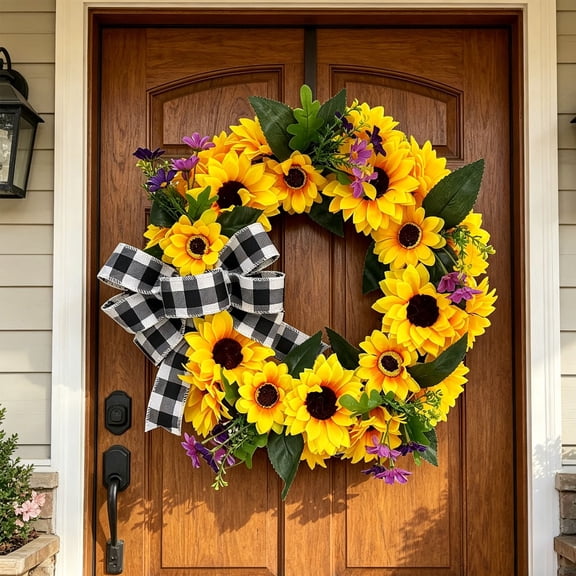 Fufafayo Summer Sunflower Wreath for Front Door, Farmhouse Rustic Decor, Artificial Floral Wreath with Plaid Bow, 40cm Door Wreath for Summer Farmstead Home