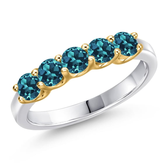 Gem Stone King 10K Two Tone Gold London Blue Topaz Wedding-Bands Ring for Women | 1.10 Cttw | Round 3.5MM | Gemstone November Birthstone | Size 8